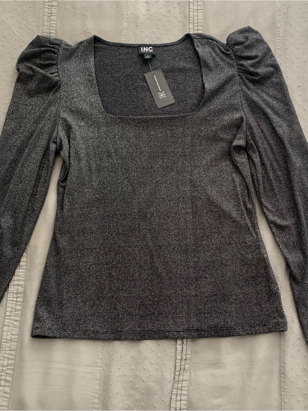 INC Sparkle Square-Neck Puff-Sleeve Top in Charcoal - Picture 3 of 9
